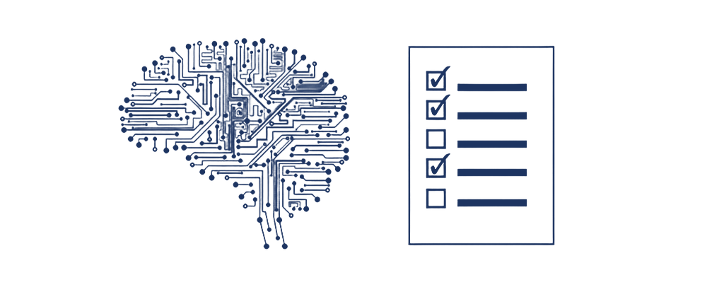 Abstract Artificial Intelligence Brain and a Check Form, both in flat icon design.